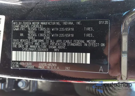 2020 Toyota Highlander L z USA, uszkodzony, nr VIN 5TDCZRAH7LS004849